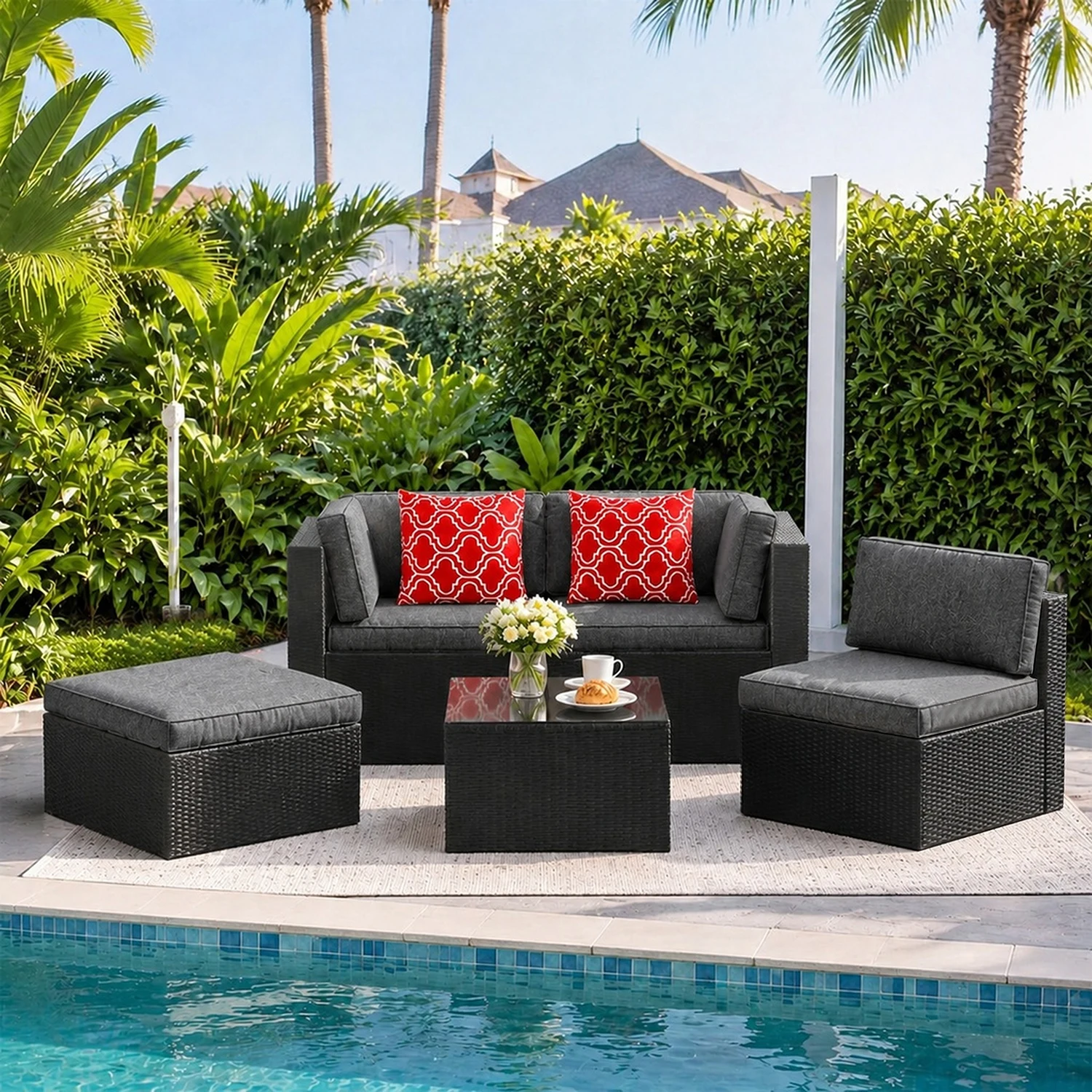 5-Piece Modular Black PE Wicker Sectional Sofa Set with Tempered Glass Coffee Table & Thick Dark Gray Cushions, Leisure Patio Furniture, Comfort Outdoor Furniture, Weatherproof Outdoor Patio Furniture Set for Backyard, Garden, Poolside, Balcony