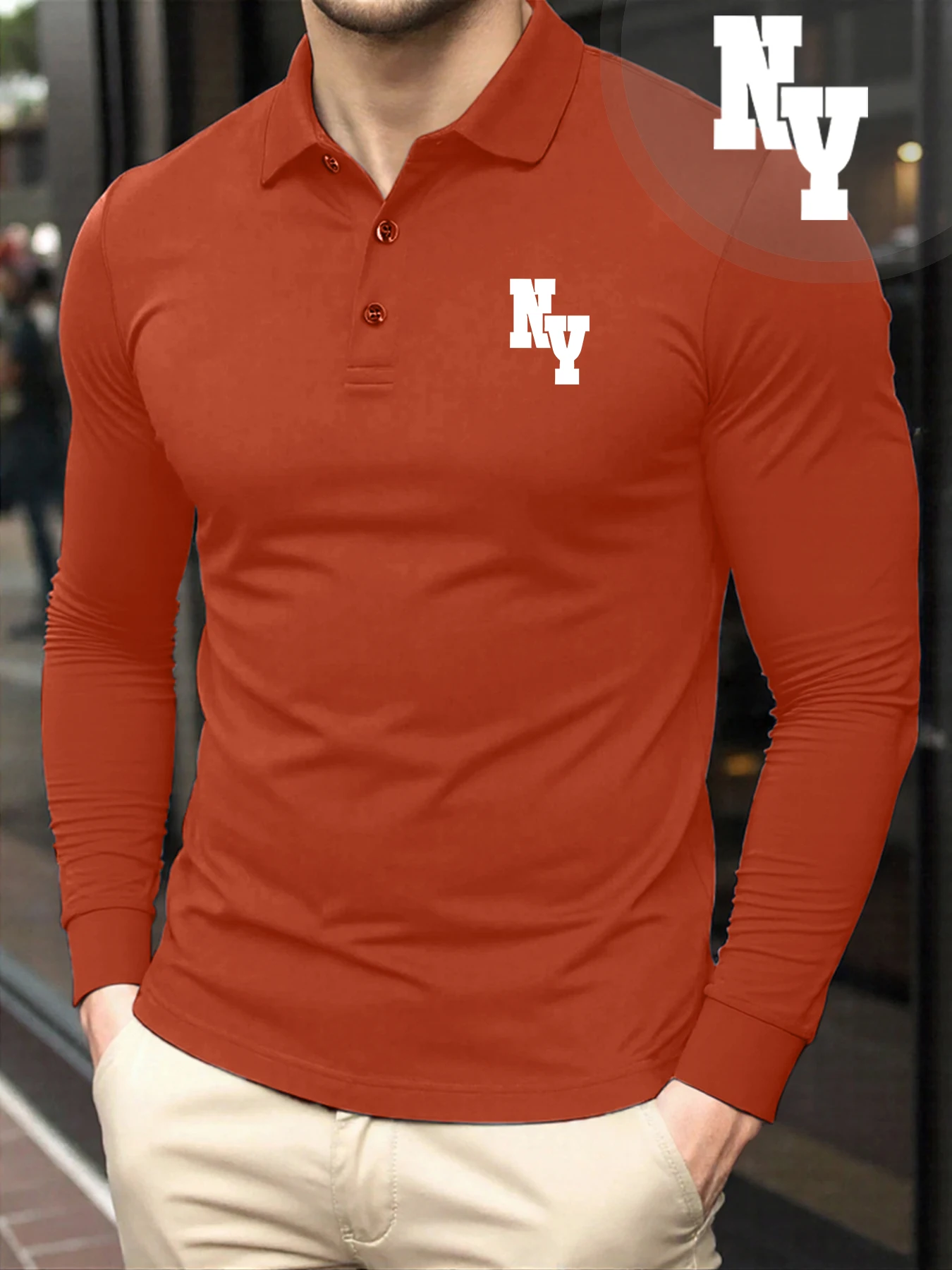 

Креативная рубашка-поло с буквенным принтом Ny, мужские повседневные футболки с отложным воротником, удобные универсальные мягкие мужские топы с длинными рукавами