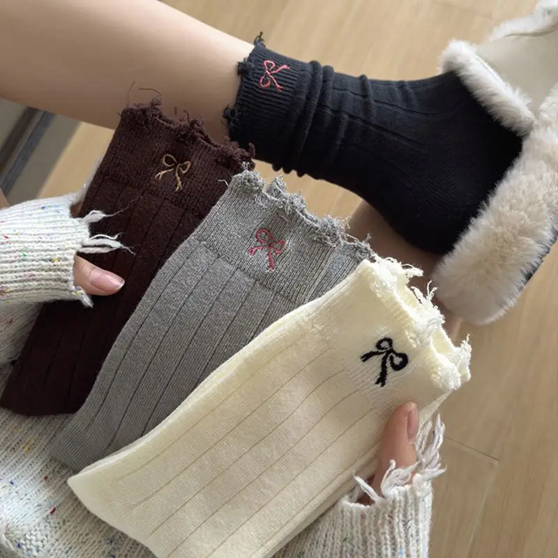 Women Loose Long Breathable Sweet Bow Embroidery Cute Broken Hole Edge Socks Korean Style Lolita Girls Kawaii Casual Socks