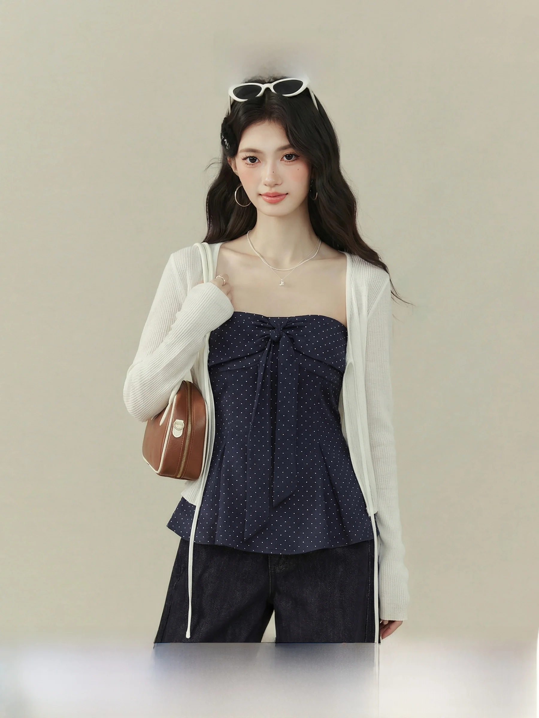 

Polka Dot Bow Tie Tube Top And Vest Set Women's Spring Open Cardigan Long Sve Regular Length Two Piece Knitted Wear