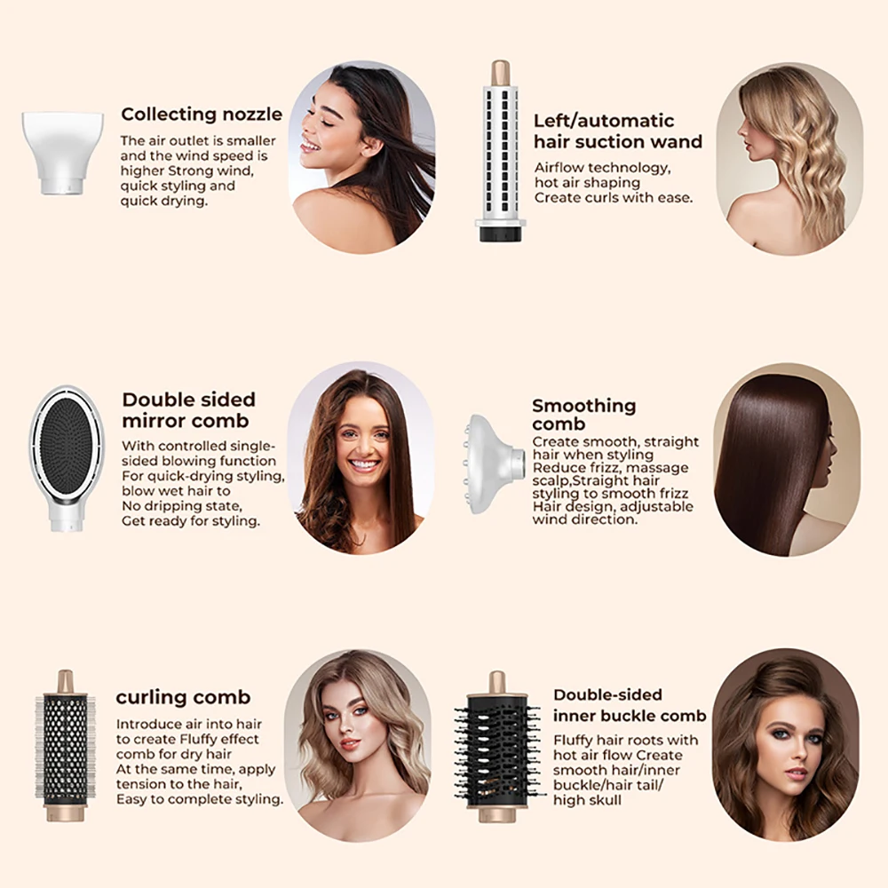 6 in1 Hair Dryer Brush 110,000 RPM High Speed Automatic Curling Iron Curler and Straightener Negative Ion Hot Air Comb Blowdryer