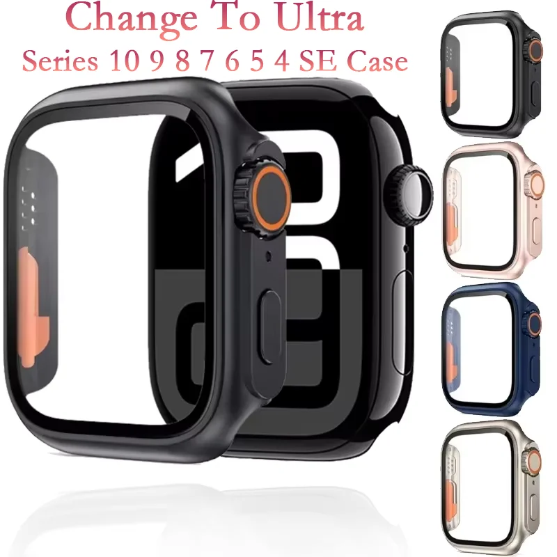 Change to Ultra For Apple Watch Glass+Case Series 11 10 46mm 42mm 9 8 7 45/41mm Screen Protector PC Cover iWatch 6 5 SE 44/40mm