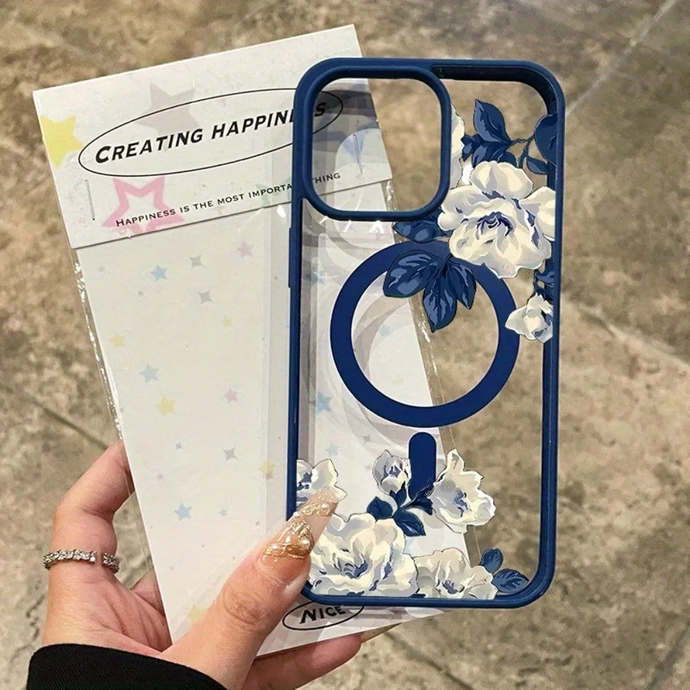 For iPhone 18 17 16 15 14 13 12 Pro Max 15 16 Plus Air 11 Night White Rose Pattern Macaron Magnetic Tramsparent Phone Case Cover