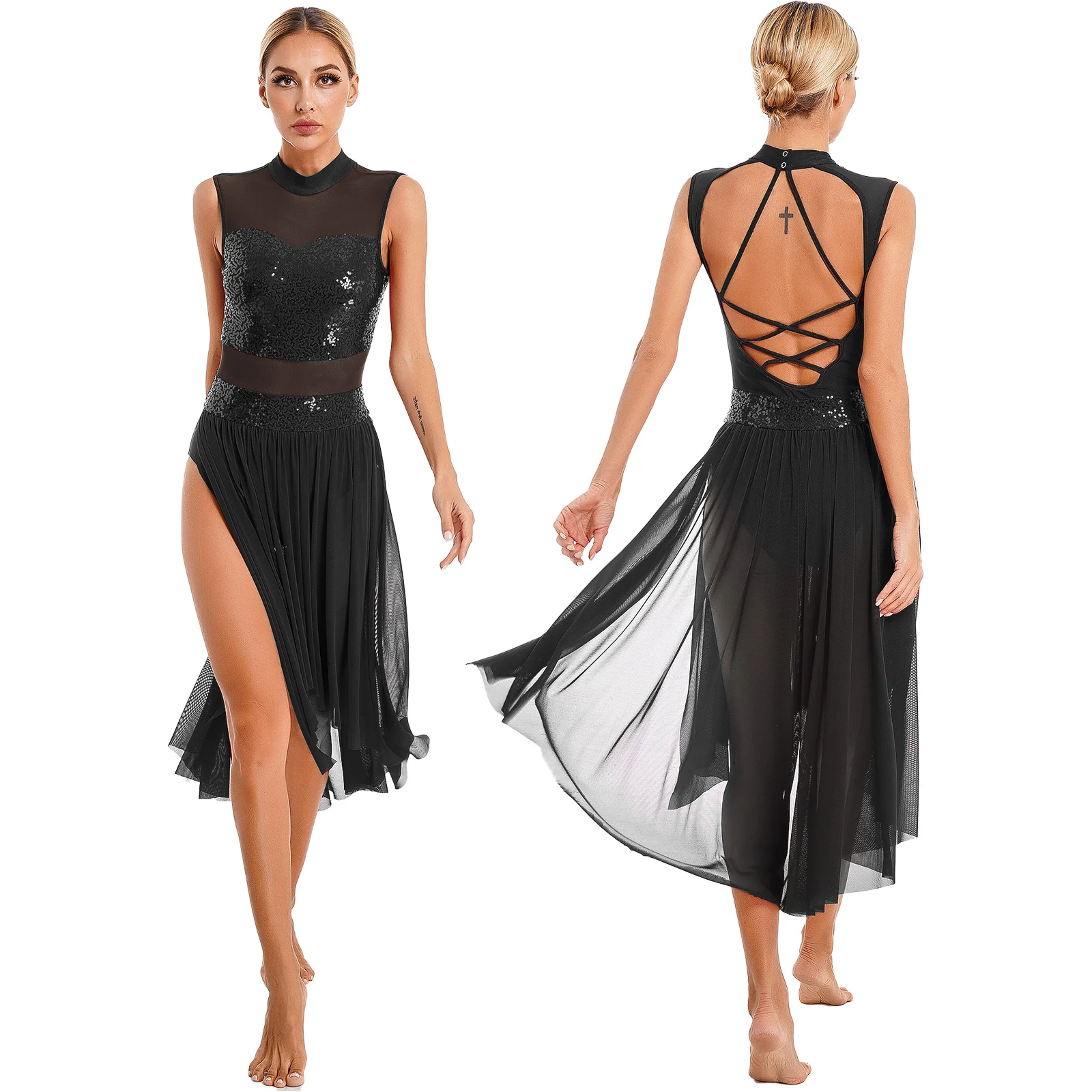 Womens Modern Lyrical Dance Dress Ballet Ballroom Waltz Skating Stage Performance Costume Sheer Cutout Leotard Dresses Dancewear