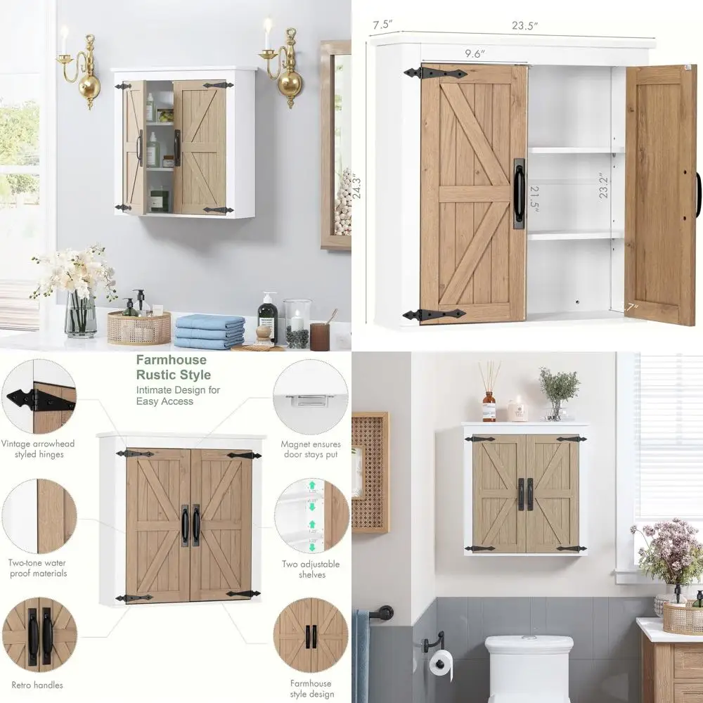 

Over Toilet Farmhouse Style Wall Cabinet with Wood Grain Doors and Adjustable Shelves