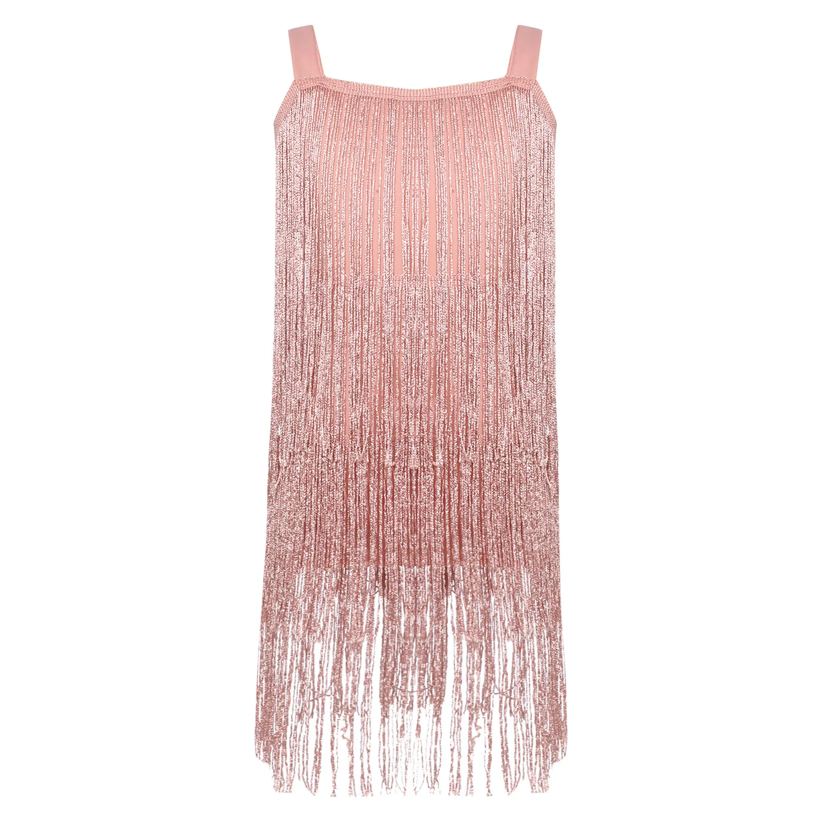 Kids Girls Fringe Latin Jazz Dance Dress Sleeveless Wide Shoulder Straps Shiny Tiered Tassel Dresses Stage Performance Dancewear