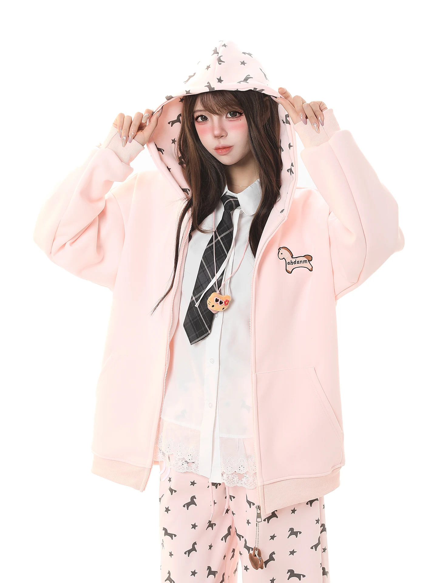 Retro American Embroidered Animal Hooded Cardigan Women's Loose Casual Zipper Jacket Spring 2026 College Style Outerwear