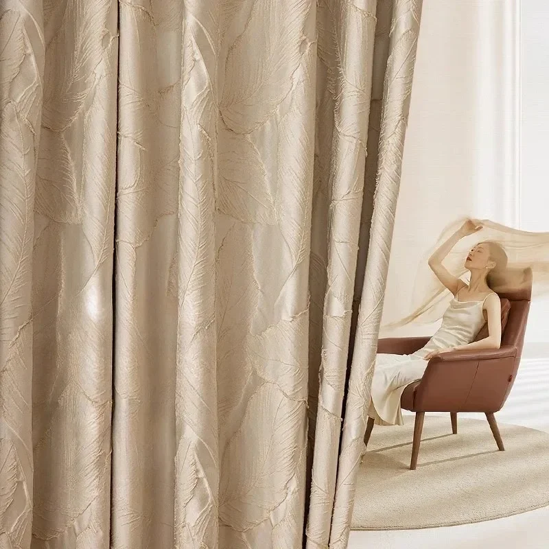 

High-precision Beige Jacquard Curtain for Living Dinning Room Bedroom Luxury Relief Gold Silk Leaves Custom Size Window Decor