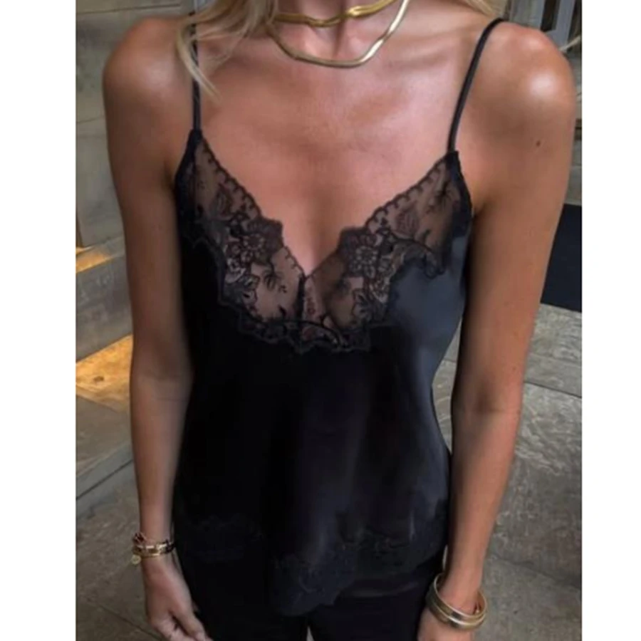 Women's Black Camisole Tops with Delicate Lace Accents Thin Spaghetti Strap Sleeveless Fitted Women Summer Fashion Layering Top