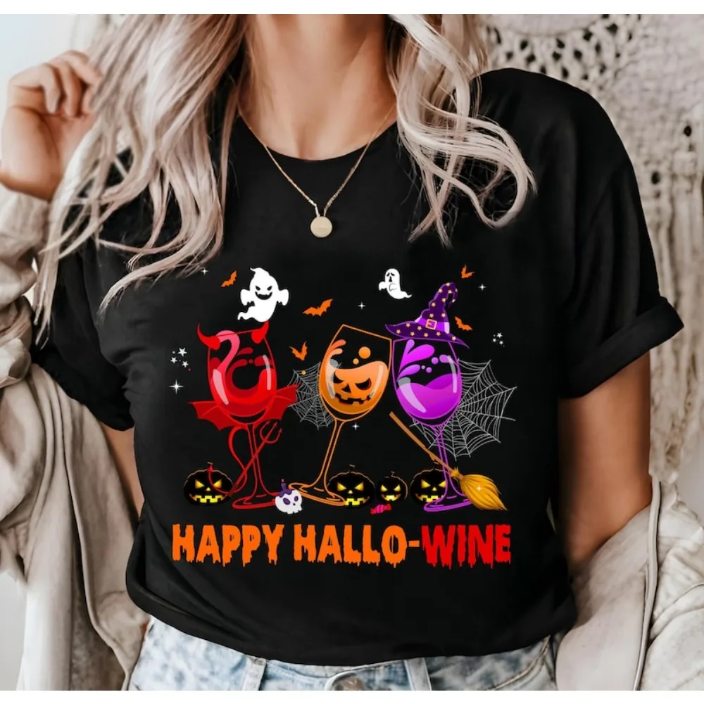 

Happy Hallowine T-Shirt Funny Wine Halloween TShirt Hallo Wine Alcohol Drinking Tee Trendy Costume Party Drinking Women Shirt