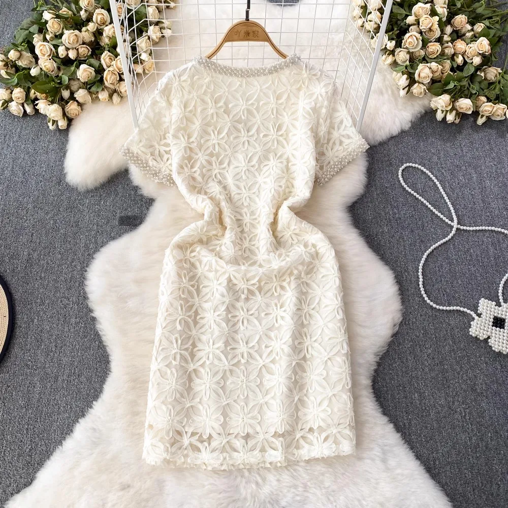 JAMERARY Summer Holiday Diamonds Pearls White Dress Women Short Sleeve 3D Floral Mesh Lace Embroidery Party A Line Vestidos