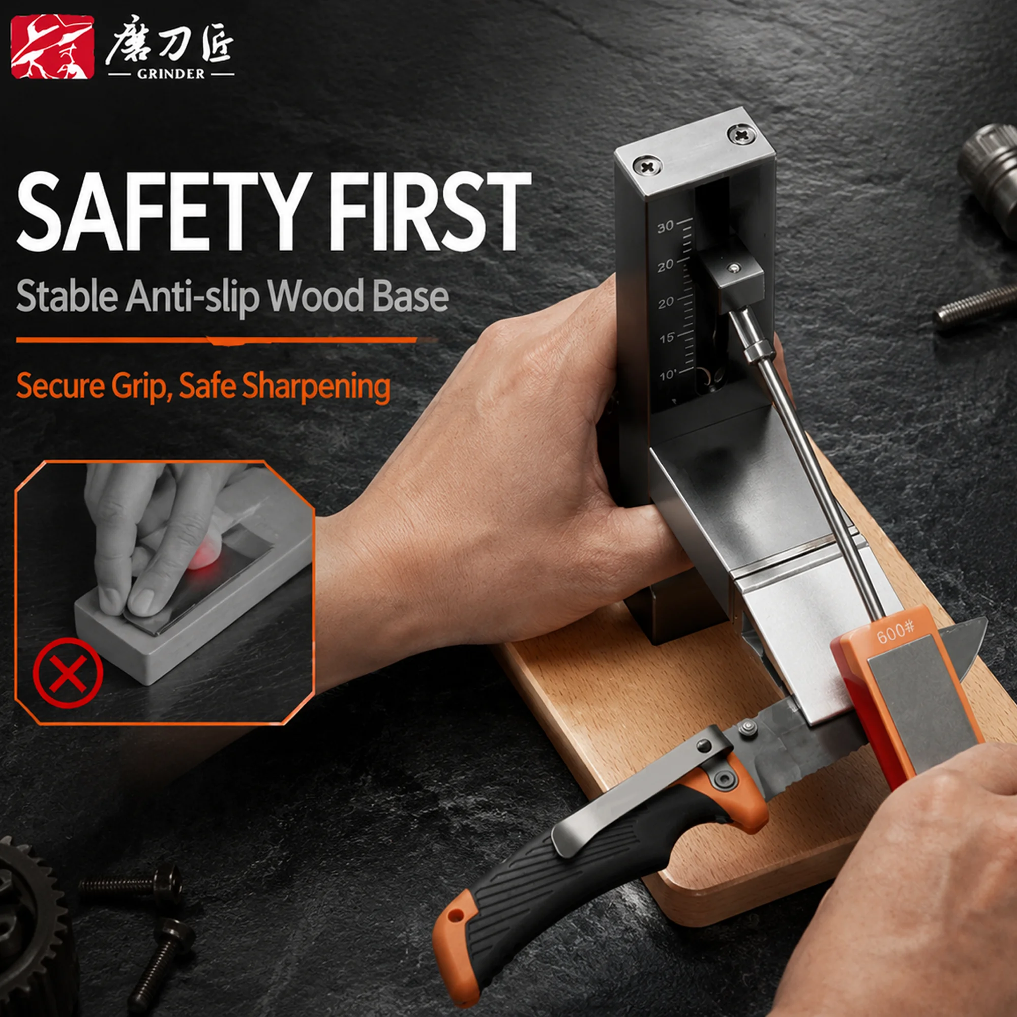 Adjustable Precision Knife Sharpener System, Professional Metal Sharpener for Various Knives, Stable Solid Wood Base Grinder Too