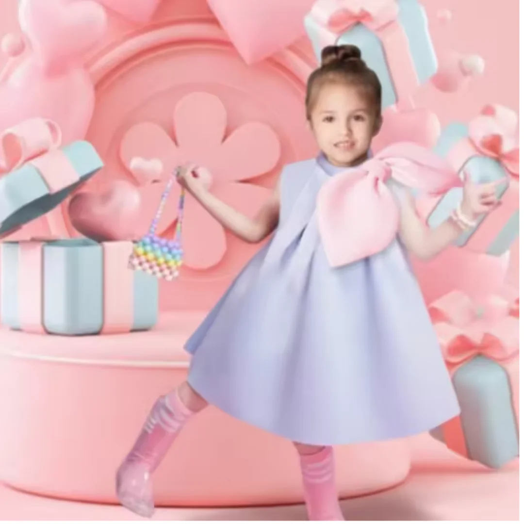 Vestido de noche de princesa boutique para niñas con mangas abullonadas y lazo, vestido de fiesta Eid para boda, cumpleaños, bautismo