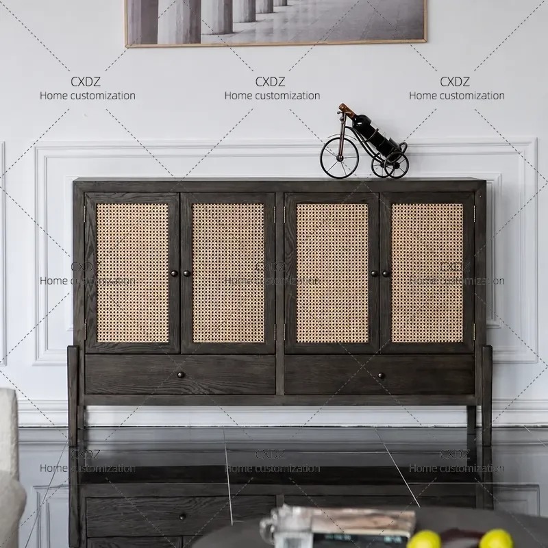 Rattan Storage Cabinet Solid Wood Retro Sideboard for Small Apartment Dining Room Creative Wall Mounted Tea Display Shelf