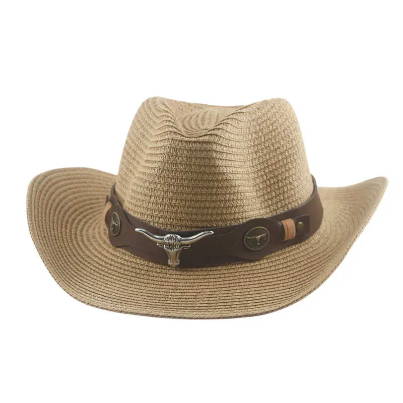 

Straw Hat Cow Head Men's Beach Sun-proof Sun Protection Jazz Hat Rolled Brim Straw Hat Wind Proof Rope Hat