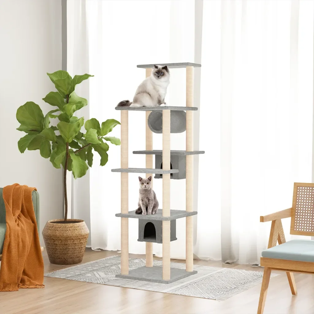 Arbre à chat avec poteaux à griffer en sisal – Tour à chat à plusieurs niveaux avec niches, tunnels et plateformes, revêtement en peluche douce et garniture en sisal naturel