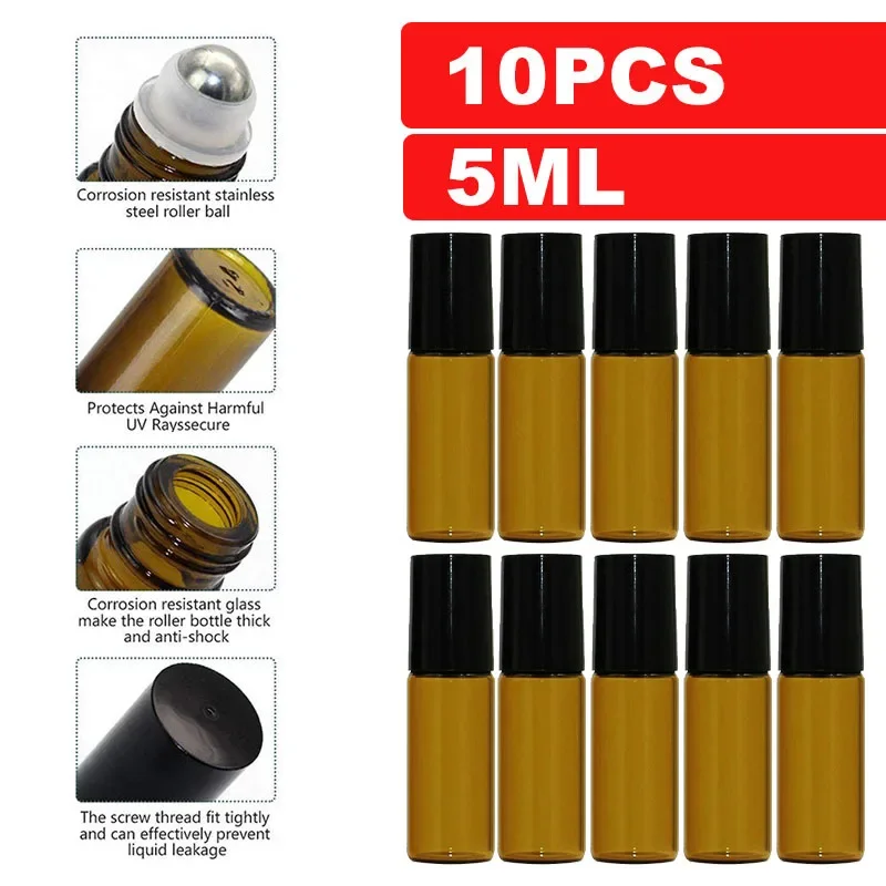 10PCS 5/10ml Amber Glas Lege Roll on Flessen Hervulbare Sample Test Essentiële Olie Flesjes met Roller ball Vloeistof Container