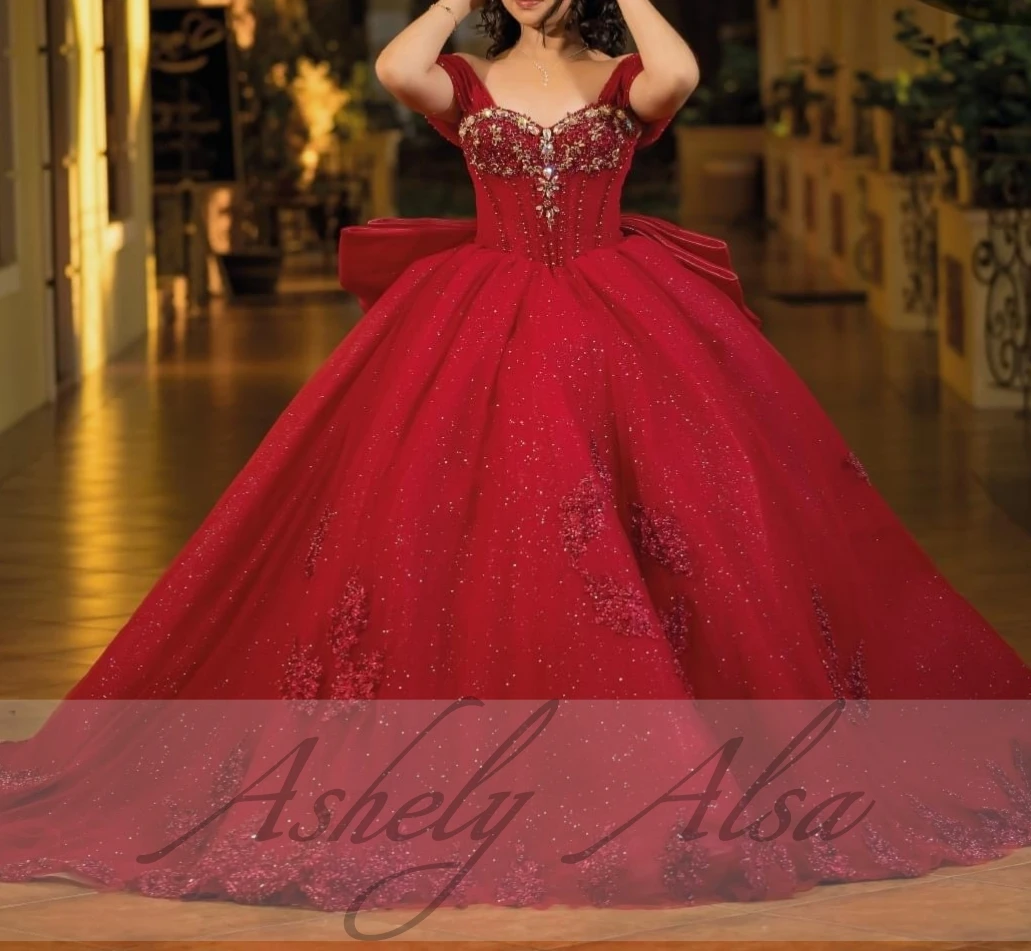 Elegant Wine Red Women Party Occasion Dresses Off Shoulder Crysatl Ball Gown Bow Sweep Train Vestido De xv Quinceanera Dress 15