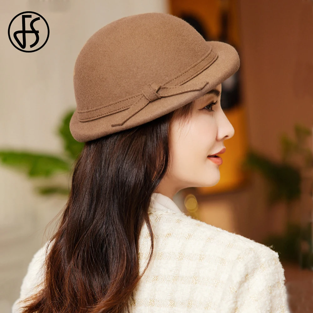 FS British Fashion Elegant Top Hats For Women Wedding Party Winter Cap Warped Edge Beret Ladies Vintage Floppy Wool Felt Fedoras