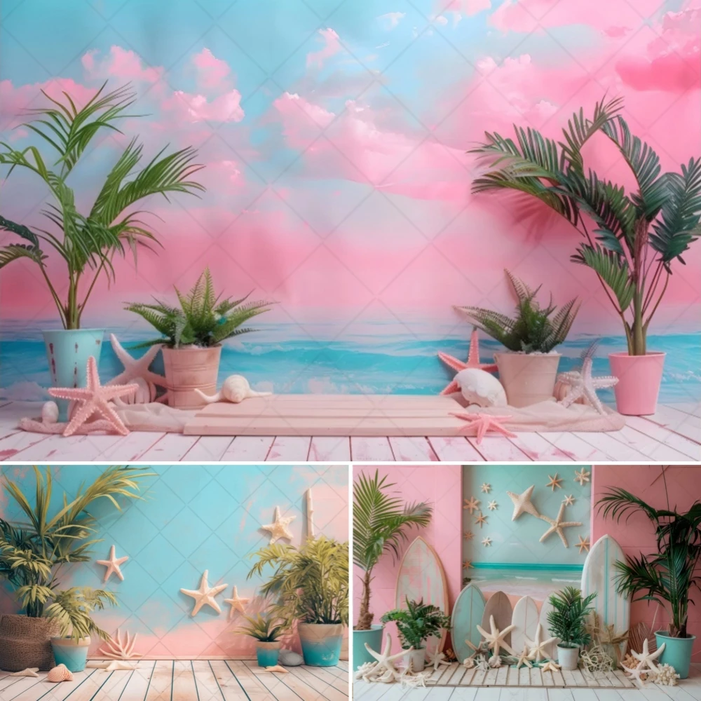 

Hawaiian Beach Background Summer Pink Tropical Ocean Seaside Surfboard Kids Birthday Holiday Party Decor Photography Backdrop