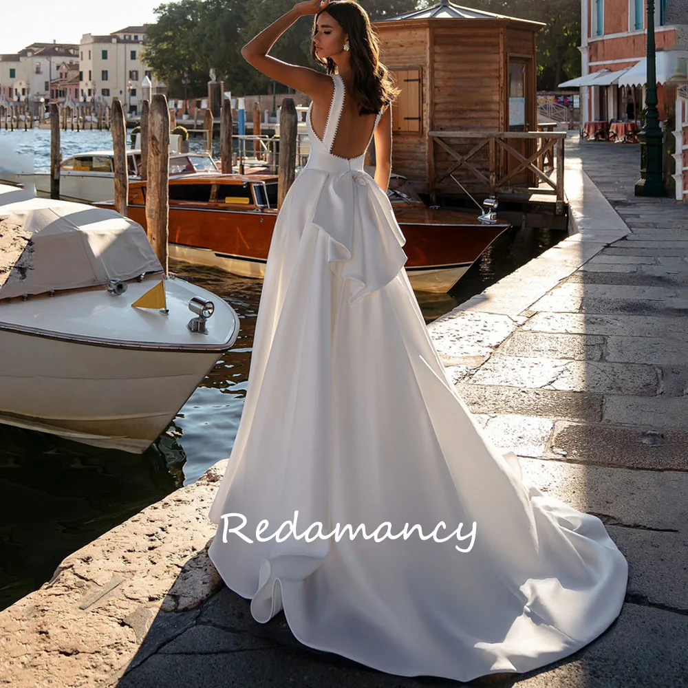 Redamancy White Beading V-neck Satin A-LINE Wedding Dresses 2024 Backless Slim Floor-Length vestidos de novia Party Dress