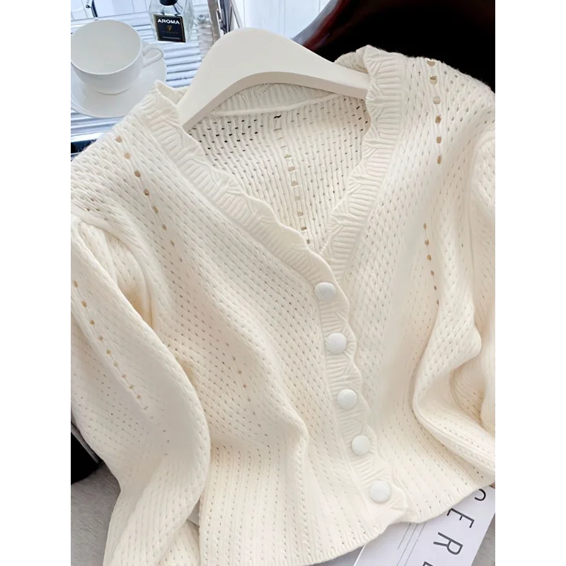 

Вязаный кардиган с v-образным вырезом, свитер, куртка, женский весенне-осенний модный топ на пуговицах с высокой талией и длинными рукавами