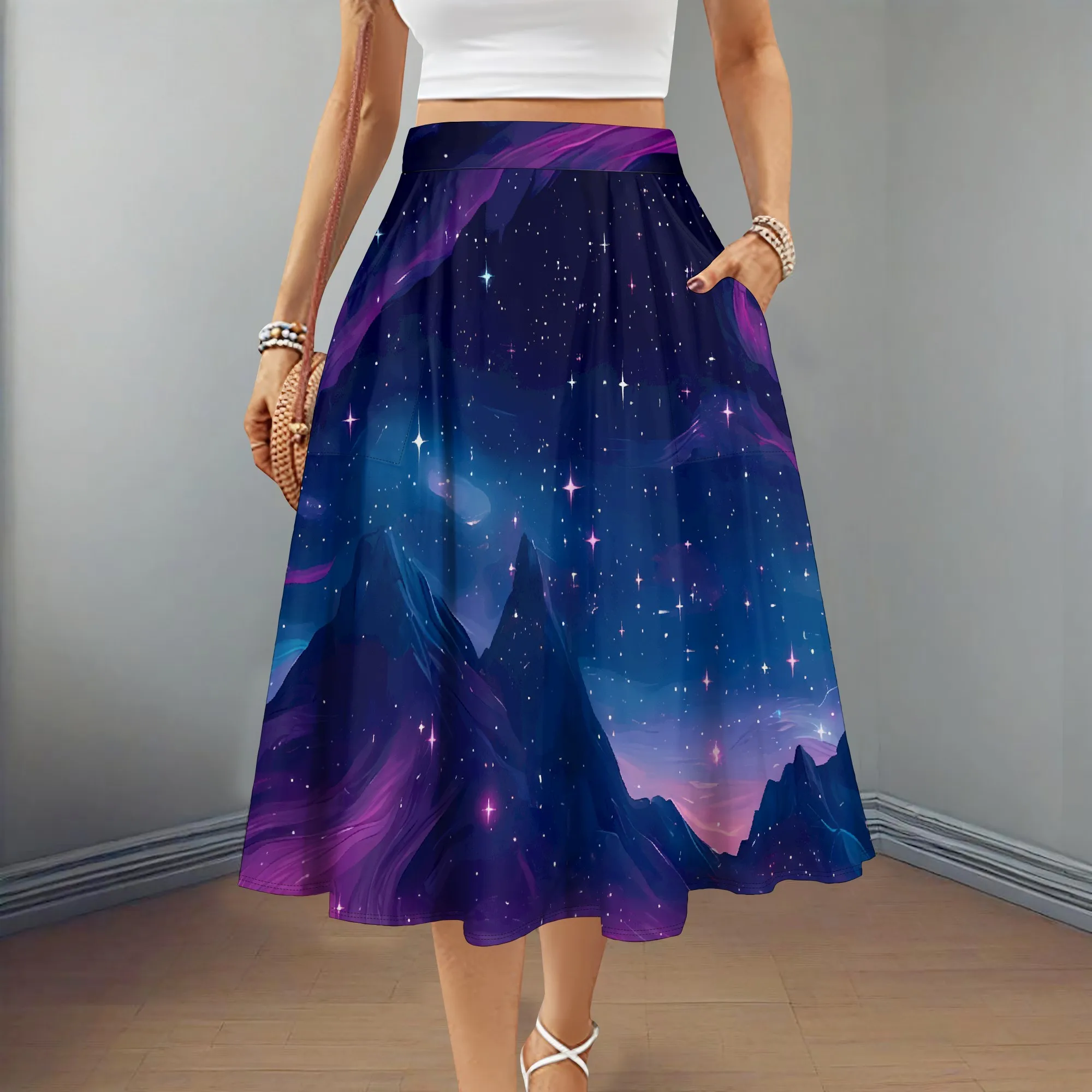 

EQQZD Stylish Casual Midi Skirt with Pocket, Beautiful Starry Sight Print High-Waisted A-Line Skirt for Women