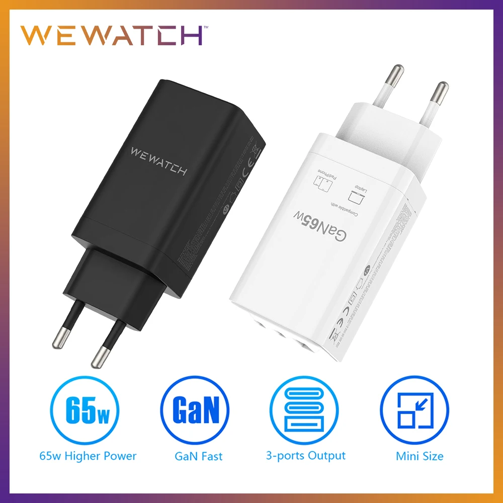 WEWATCH 65W GaN Fast Charger Quick Charge 2C1A Ports Type C PD USB Portable Travel Charger Travel Fast Charger for Laptop iphone