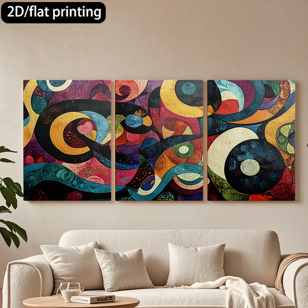 

2D плоская печать, 3-х частная картина на холсте в деревянной раме, декоративная живопись, яркие абстрактные изогнутые линии.