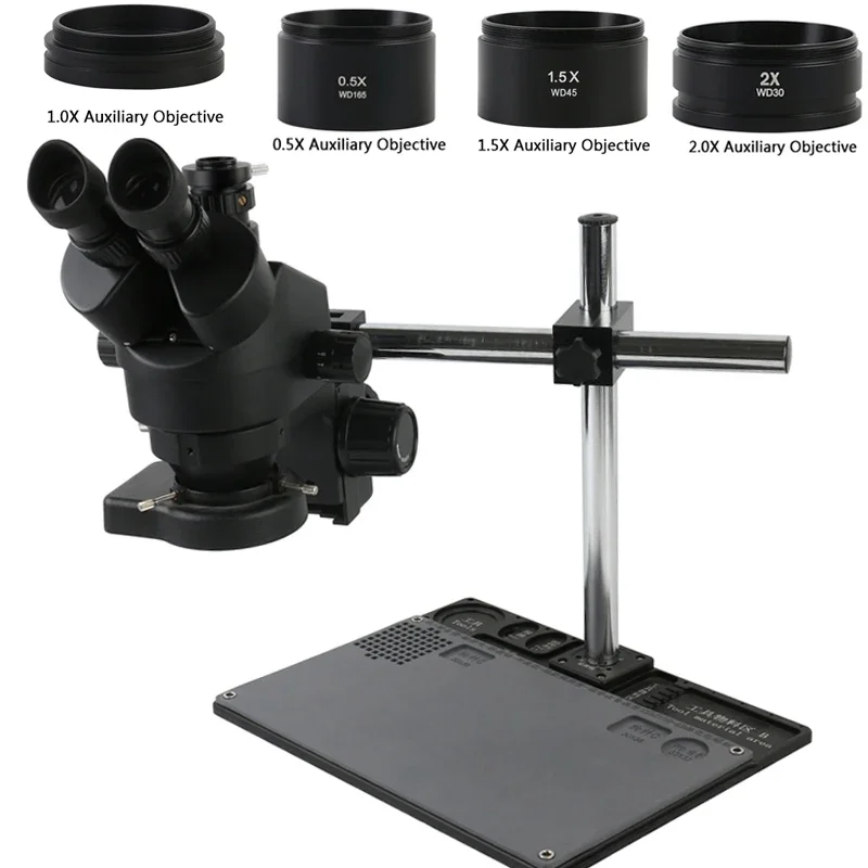 Microscope trinoculaire à Zoom stéréo 7-45X 3,5x-90x, support de plate-forme de réparation de soudure de téléphone avec lentille d'objectif 0,5x1,0x0,7x2,0x