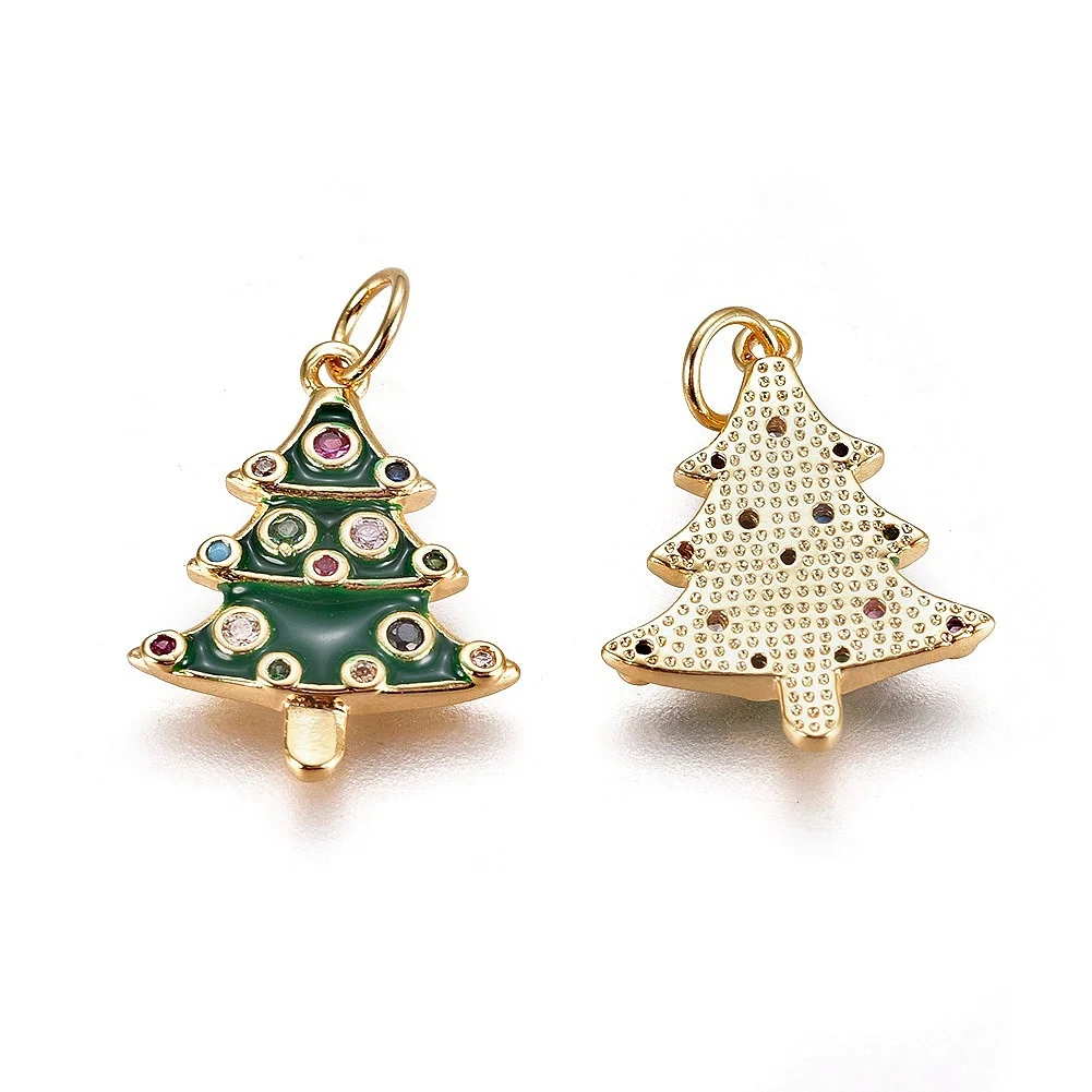 10pcs Metal Cubic Zirconia Pendants with Enamel and Jump Ring Christmas Tree Green for Making DIY Jewelry Necklace Earring