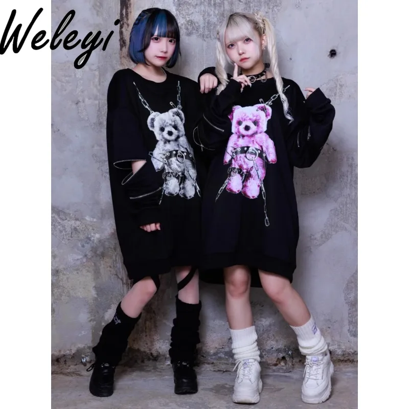 

Japanese Mines Subculture Bear Zipper Mid-length Sweatshirt Y2K Harajuku Printed Off The Shoulder Black Pullover Hoodies Women