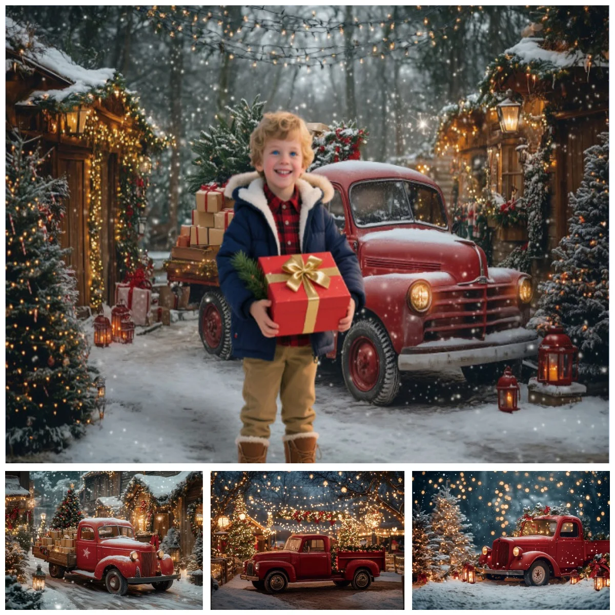 Christmas Red Truck Backgrounds For Photographs Gift Xmas Trees Wooden Cottage Snowfall Lanterns Kids Adult Photo Decor Backdrop