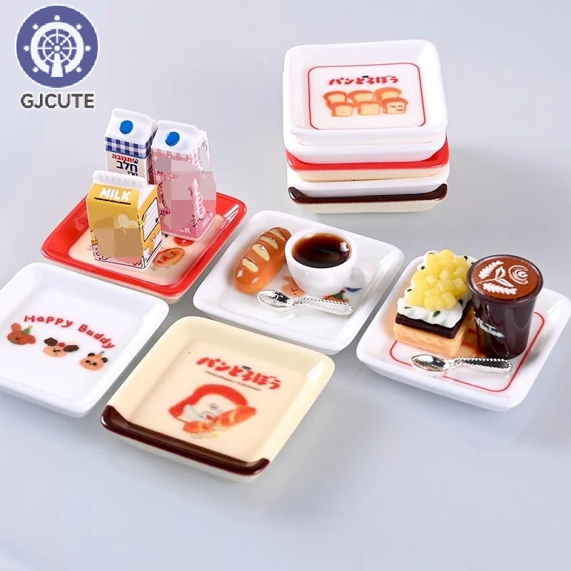 Juguete de cocina para juego de imitación, 10 piezas, mini juegos de platos con bandeja de dibujos animados para casa de muñecas 1/12, decoración de simulación