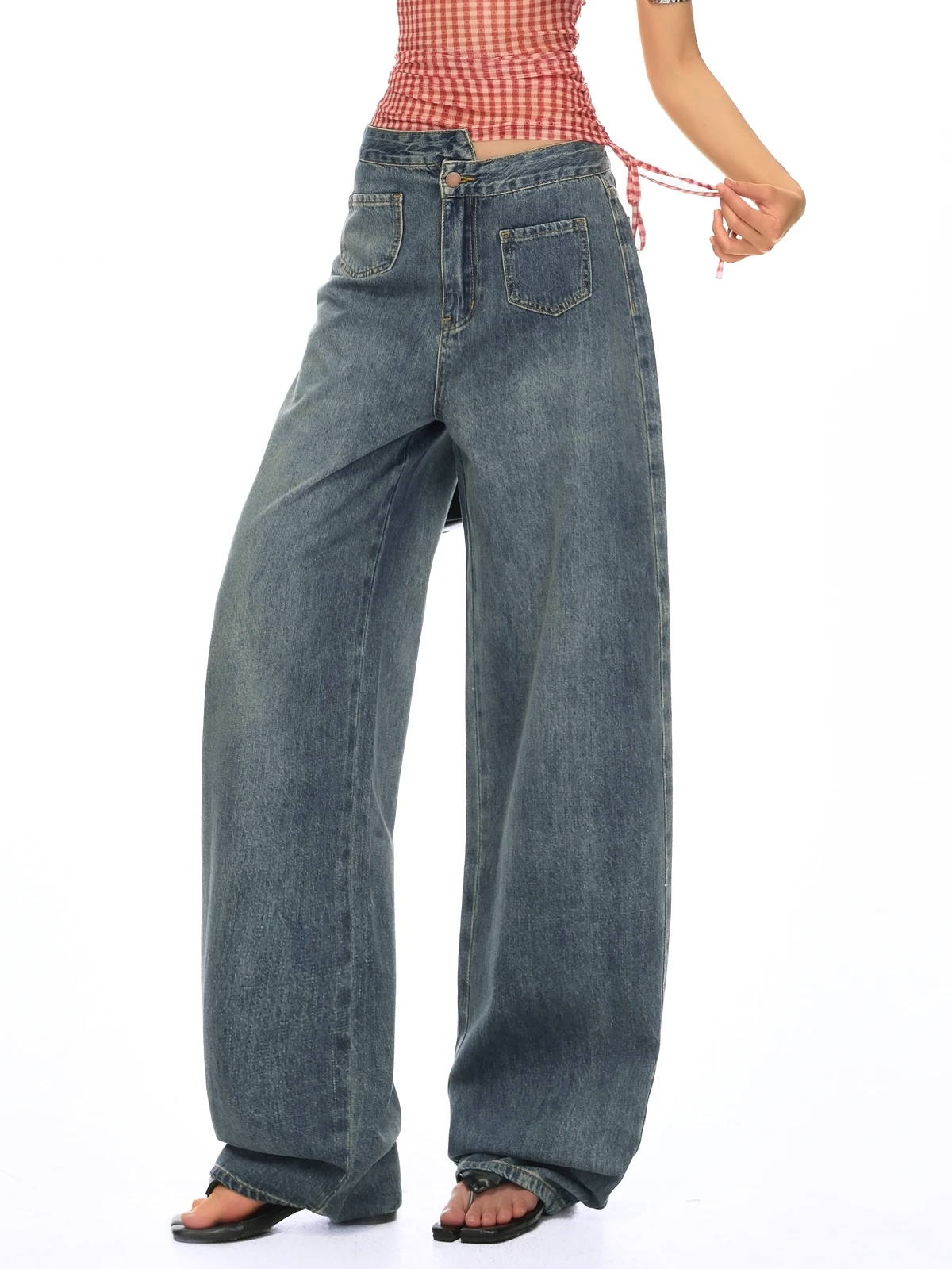

ZHISILAO New Irregular High Waist Wide Leg Straight Jeans Women Vintage Casual Baggy Full Length Denim Pants Streetwear 2025