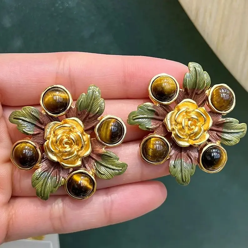 Mirad Tiger Eye Stone Flower New Vintage Luxury Exquisite Earrings