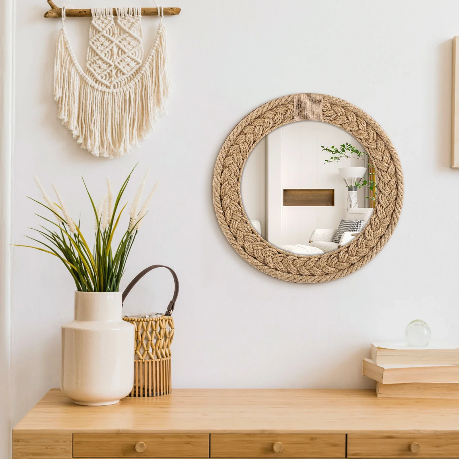 

Hand-woven Nordic decorative hanging mirror creative hanging wall sofa porch homestay style background wall decor makeup mirror