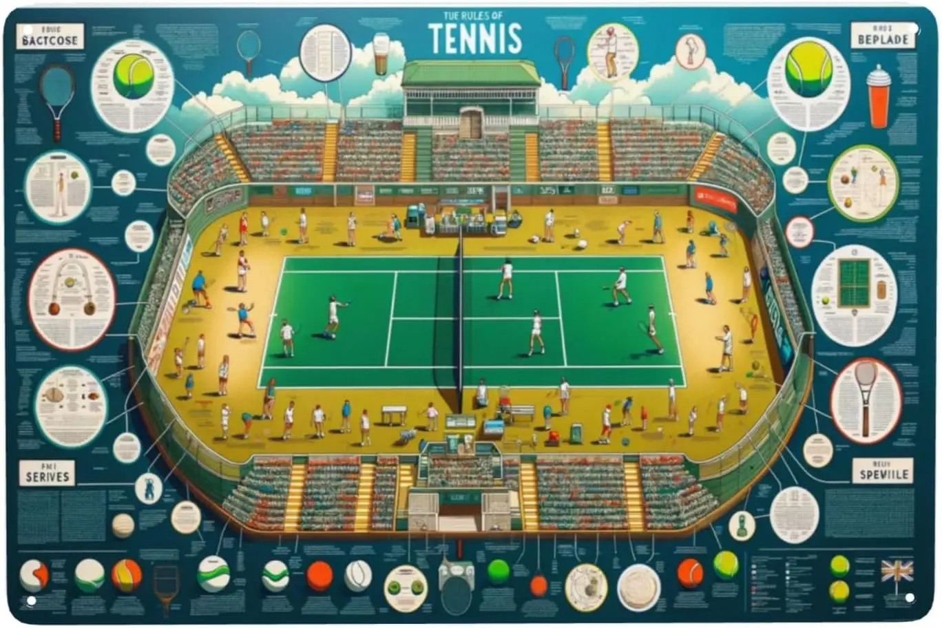Comprehensive Tennis Court Guide Metal sign Wall Art Home Decor Tin Sign with Educational Layout Rules,IndoorOutdoor Poster sign
