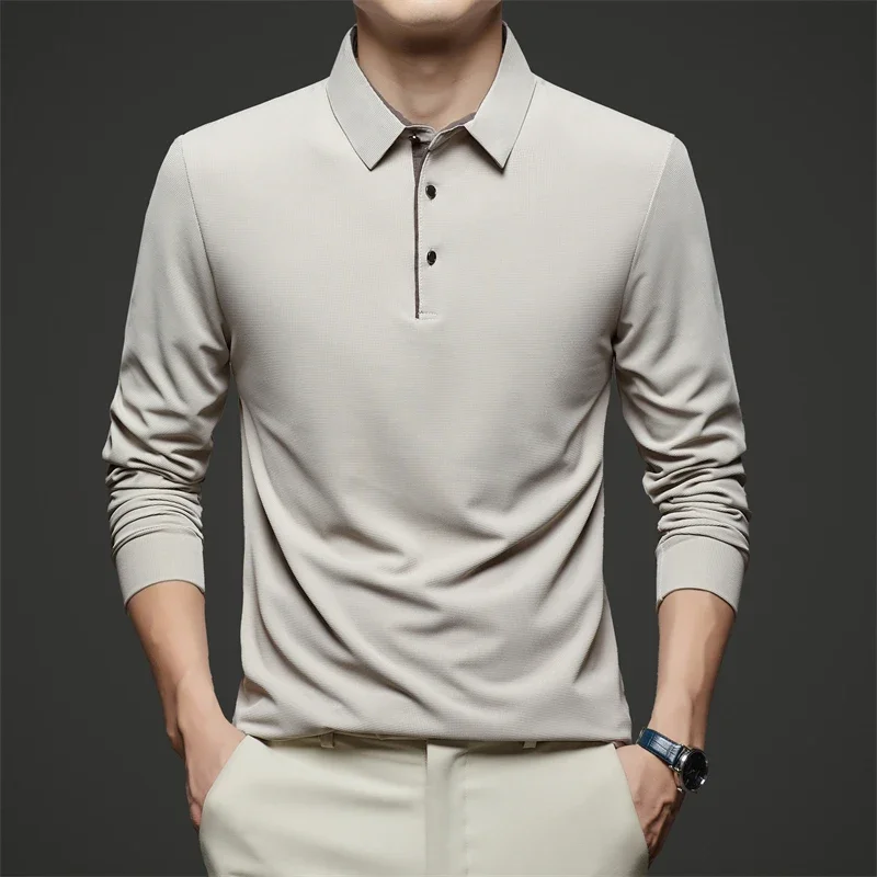 New Men's Business Casual  Long Sleeve Solid Color Polo Shirt Fashionable Warm Comfortable Four Seasons Versatile Top