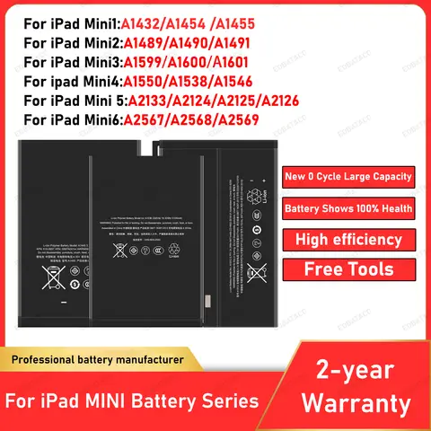 Batteria tablet da 2025 anni per Apple IPad Mini 1 2 3 4 5 6 per Ipad Mini1 Mini2 Mini3 Mini4 mini5 mini6 Batterie di ricambio