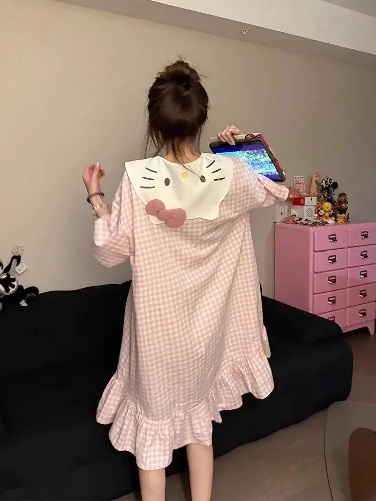 

Женское платье для сна Hello Kitty 2025 Kawaii, весна-лето, милая удобная ночная рубашка свободного кроя, домашняя одежда для дома, мягкая дышащая