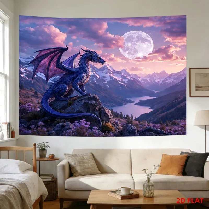 VIKAMA Blue Dragon Tapestry Fantasy Dragon On Mountain Rock Full Moon Cloud Lake Valley Scenery Wall Hanging Mythic Landscape Wa