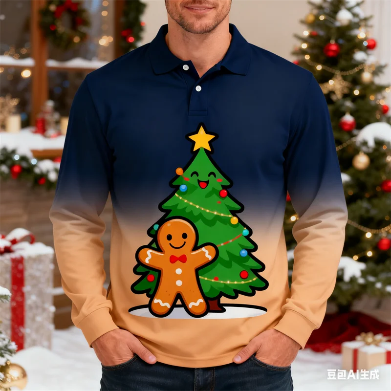 

Autumn Winter Gradient Print Men's Long Sleeve T-shirt 3D Funny Christmas Tree Pattern Turn-down Collar Buttoned POlO Shirt Tops