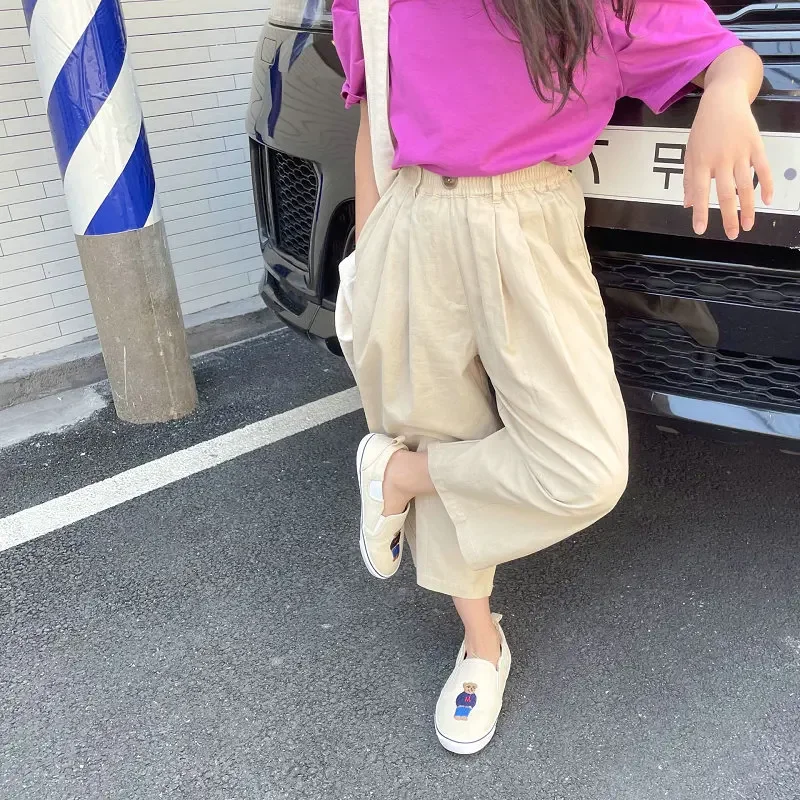 Wide Leg Pants 2024 Elastic Waist Ankle Length Loose Straight Solid Simple Fashion Casual Comfortable Autumn Children Girls