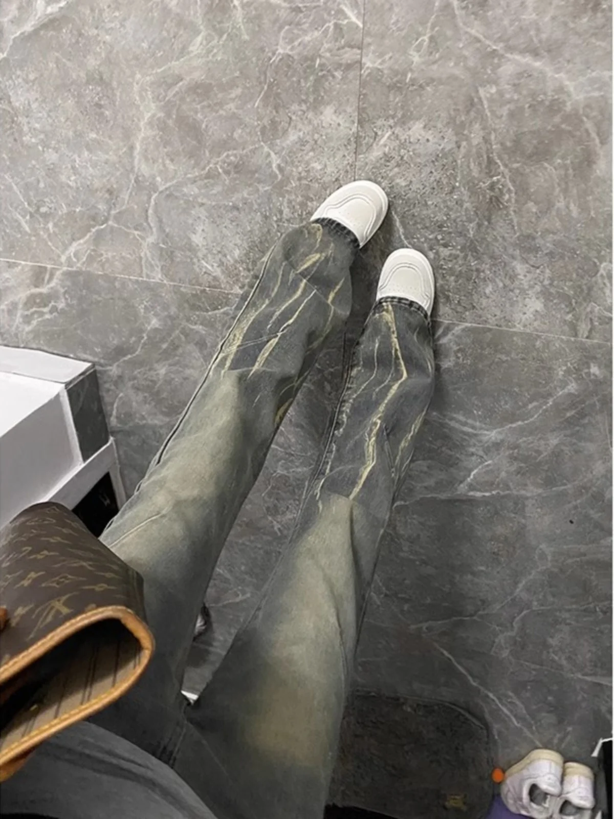 

American Lightning Pattern Jeans Men's Trendy High Street Vintage Waed Loose Straight Leg Long Pants Youth Sle