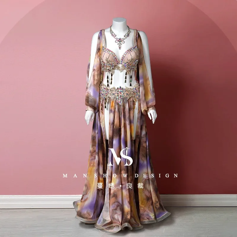 

Костюм для танца живота по индивидуальному заказу, ткань с принтом, зеркальная кисточка, рукава-фонарики, универсальный бюстгальтер, поясной комплект, костюм, юбка