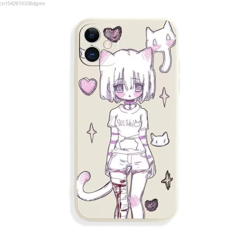 Dark Cat Sick Girl funda de teléfono de silicona para Iphone 13, 12 Mini, 7, 8, 14 Plus, gótica, Punk, japonesa, Y2k, Iphone 11 Pro, Xs Max