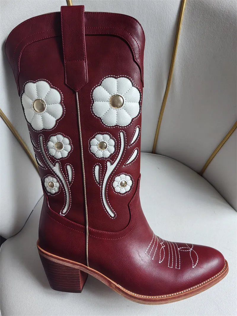 

Onlymaker Women Pointed Toe Mid-Calf Boots Western Flower Cowgirl Boots Comfy Pull-ON Big Size Cowboy Boots