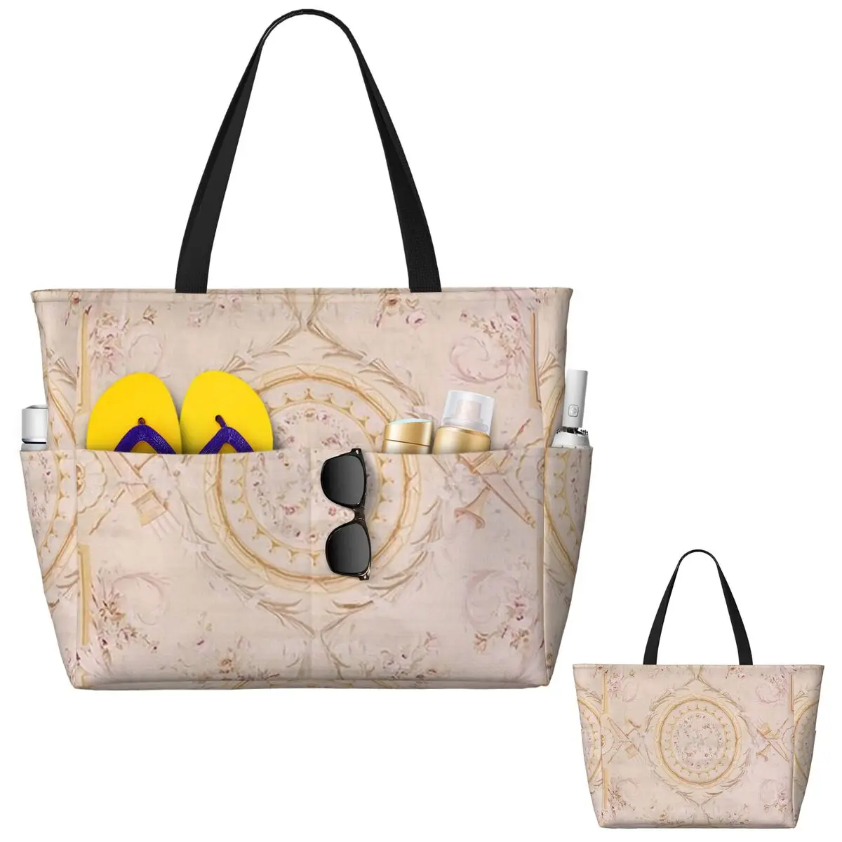 กระเป๋าโท้ทลายพรมออบูสซองฝรั่งเศสโบราณ กระเป๋าใส่ของไปทะเล กระเป๋าออกกำลังกาย กระเป๋าโยคะ กระเป๋าเดินทางขนาดใหญ่สำหรับผู้หญิง กระเป๋าฟิตเนส