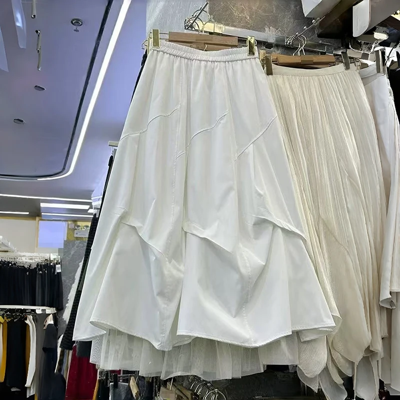 

Casual Mid-Length A-Line Skirt for Women Asymmetrical Pleats High Waist Elastic Waist Spring Autumn New Sle plus Size